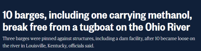 “毒火车”脱轨后，美国一载有1400吨甲醇的货船沉入俄亥俄河