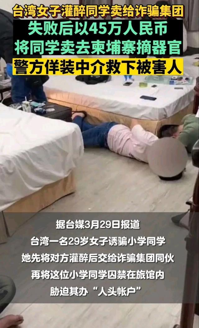 台湾一女子灌醉小学同窗欲卖其器官 幸被警方识破当场抓获