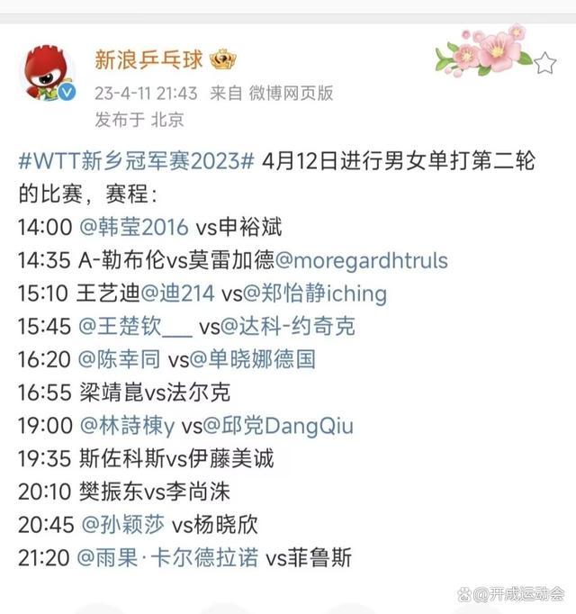 孙颖莎樊振东今日出战！WTT新乡冠军赛第四个比赛日赛程
