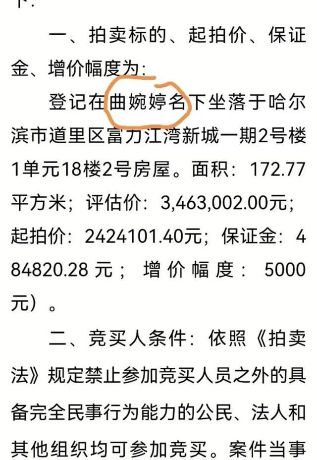 疑似曲婉婷2套房被法拍 地处哈尔滨核心地段起拍价合计450余万元
